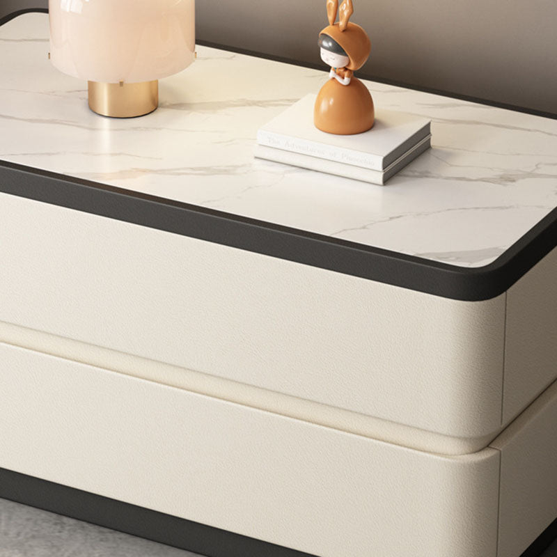 Modern Minimalist Rectangular Stone-Slab Solid Wood Nightstand with Cat's-Paw Leather, 2-Drawer Bedroom Table
