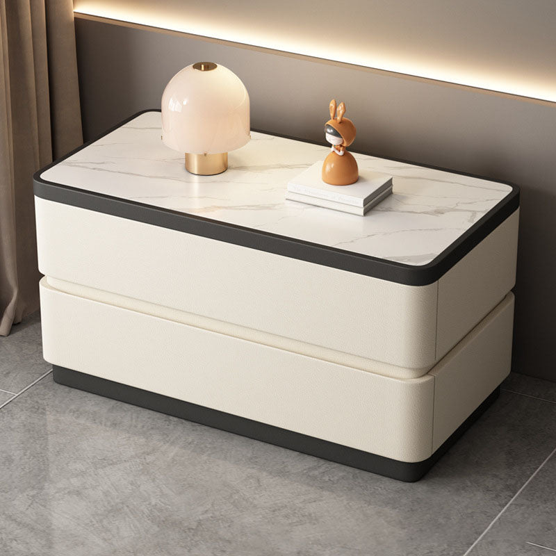 Modern Minimalist Rectangular Stone-Slab Solid Wood Nightstand with Cat's-Paw Leather, 2-Drawer Bedroom Table
