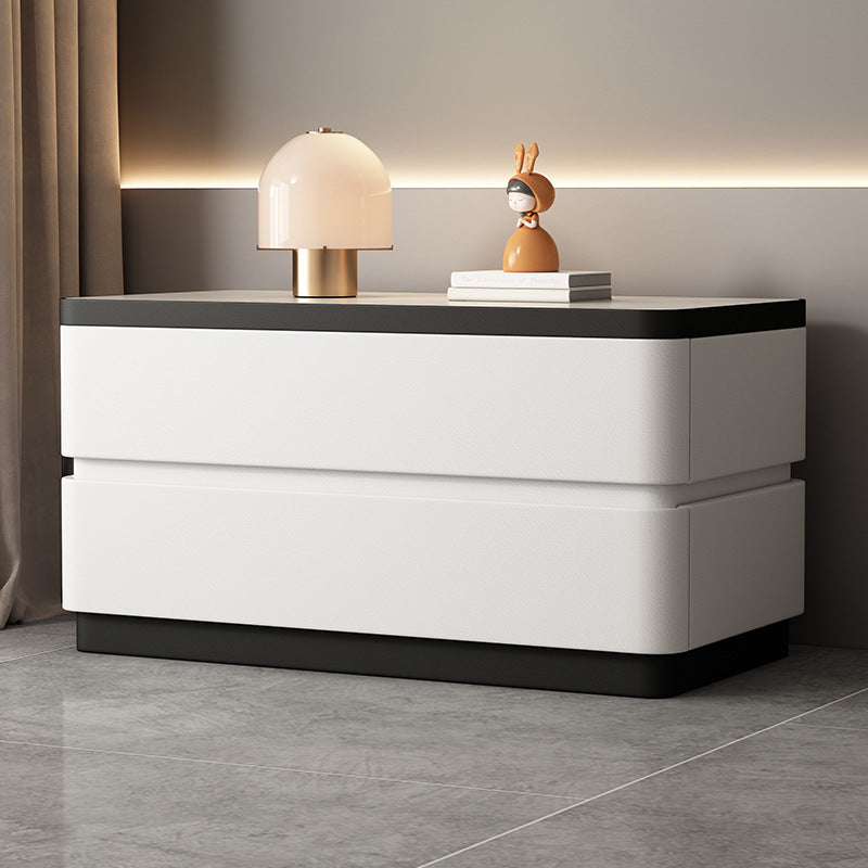 Modern Minimalist Rectangular Stone-Slab Solid Wood Nightstand with Cat's-Paw Leather, 2-Drawer Bedroom Table