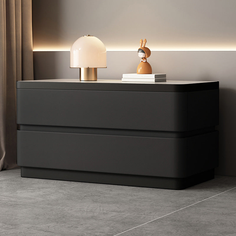 Modern Minimalist Rectangular Stone-Slab Solid Wood Nightstand with Cat's-Paw Leather, 2-Drawer Bedroom Table