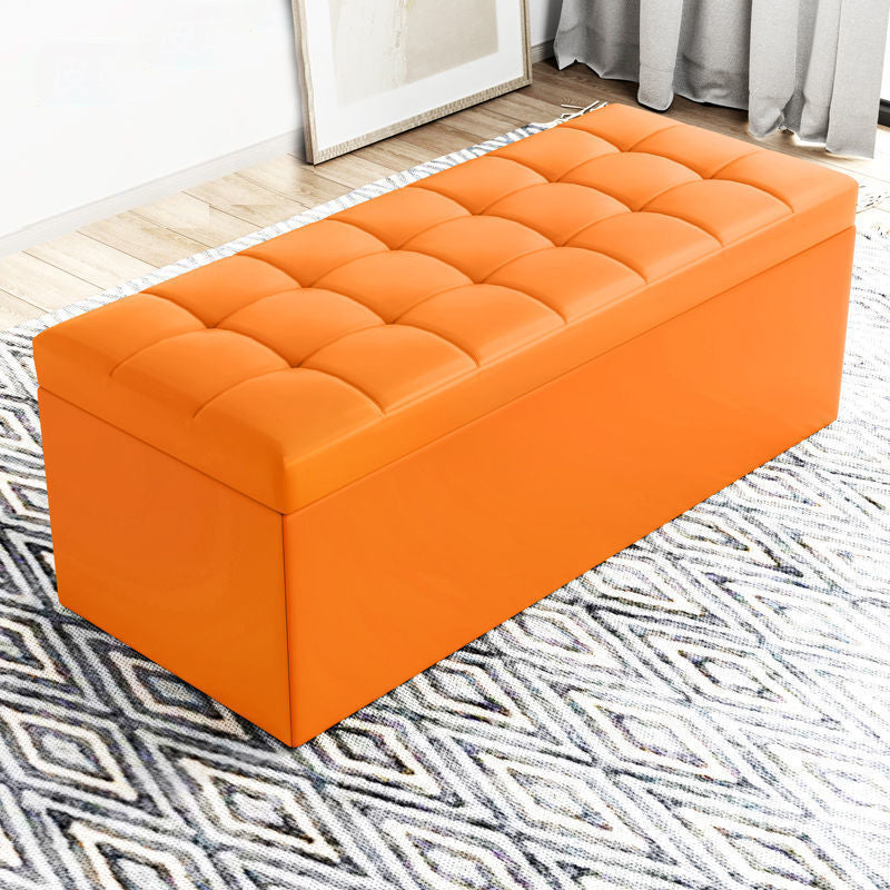 Modern Minimalist Rectangular Storage Bench in PU Leather with Faux Wood Panel – Ideal for Living Room