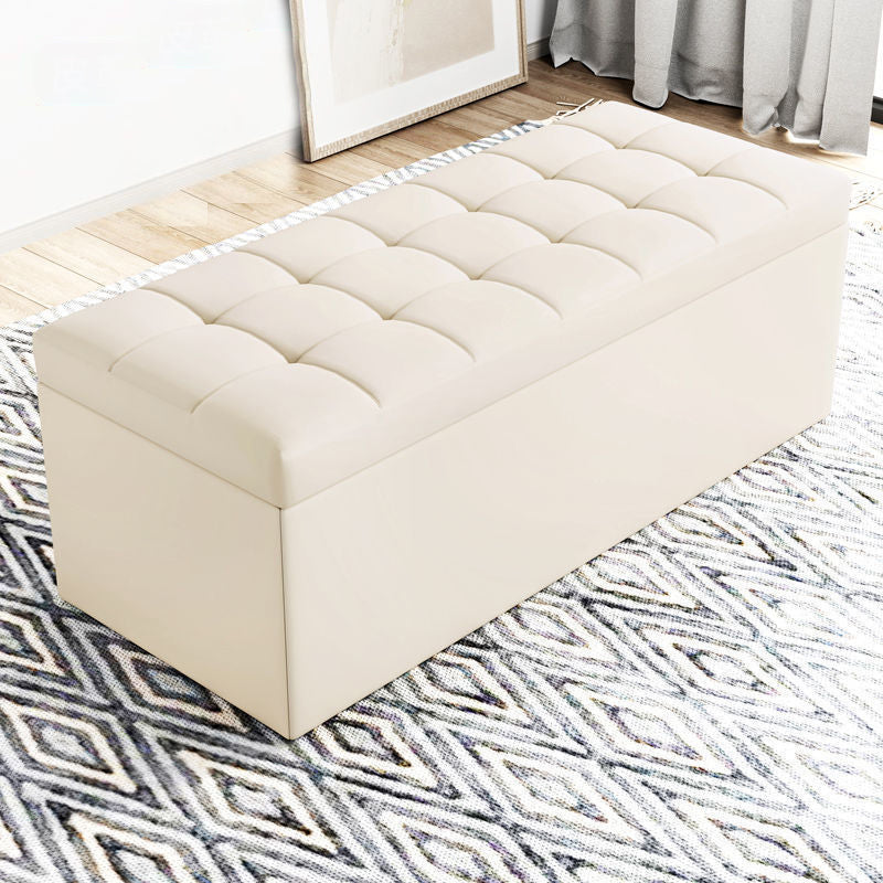 Modern Minimalist Rectangular Storage Bench in PU Leather with Faux Wood Panel – Ideal for Living Room