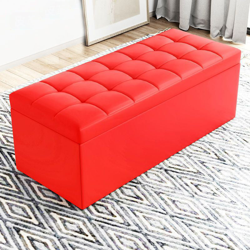 Modern Minimalist Rectangular Storage Bench in PU Leather with Faux Wood Panel – Ideal for Living Room