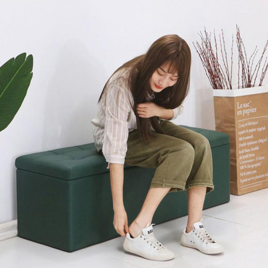 Modern Minimalist Rectangular Storage Bench in PU Leather with Faux Wood Panel – Ideal for Living Room