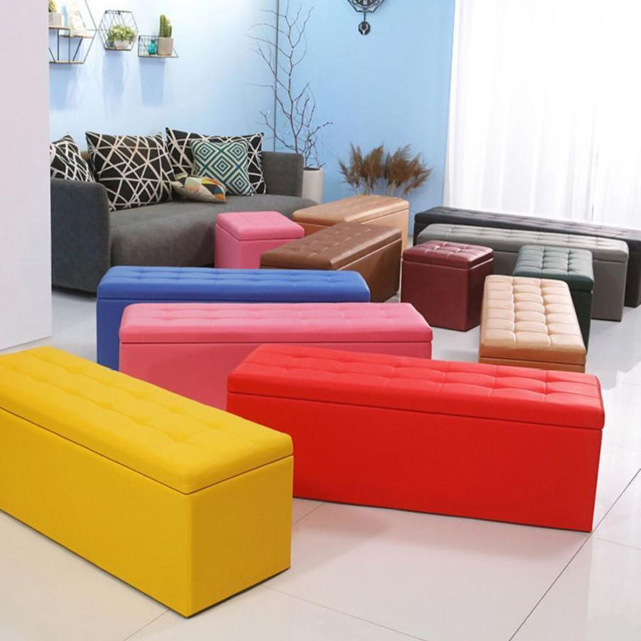 Modern Minimalist Rectangular Storage Bench in PU Leather with Faux Wood Panel – Ideal for Living Room