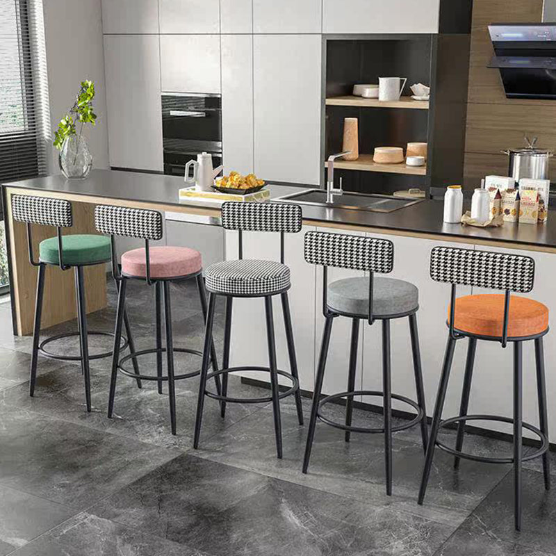 Sleek Contemporary Nordic Round Bar Stool Upholstered in Cotton-Linen Fabric with Backrest and Footrest for Dining Room