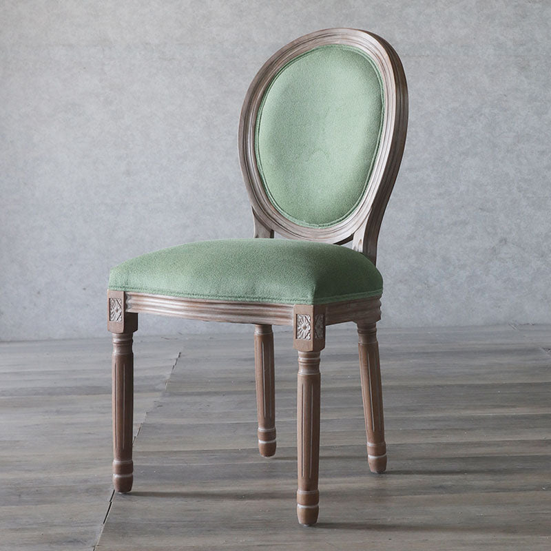 Elegant Traditional European Velvet Dining Chair with Curved Distressed Wood Frame and Round Back for Dining Room