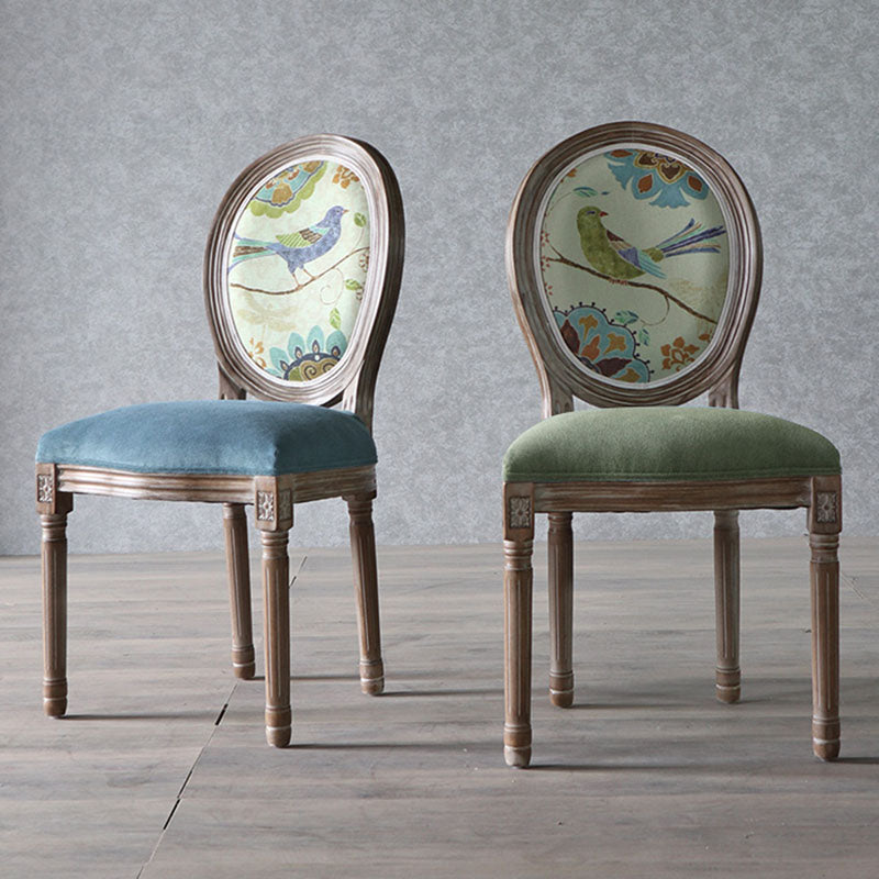 Elegant Traditional European Velvet Dining Chair with Curved Distressed Wood Frame and Round Back for Dining Room