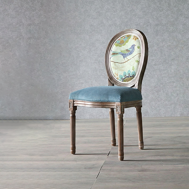 Elegant Traditional European Velvet Dining Chair with Curved Distressed Wood Frame and Round Back for Dining Room
