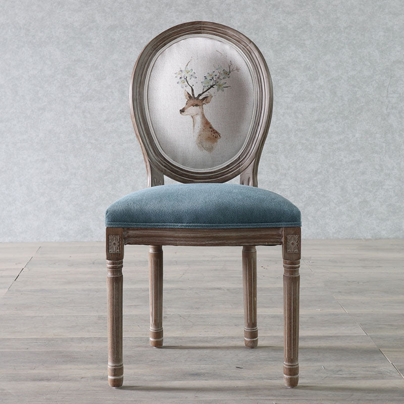 Elegant Traditional European Velvet Dining Chair with Curved Distressed Wood Frame and Round Back for Dining Room