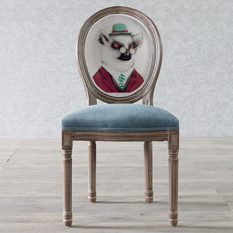 Elegant Traditional European Velvet Dining Chair with Curved Distressed Wood Frame and Round Back for Dining Room