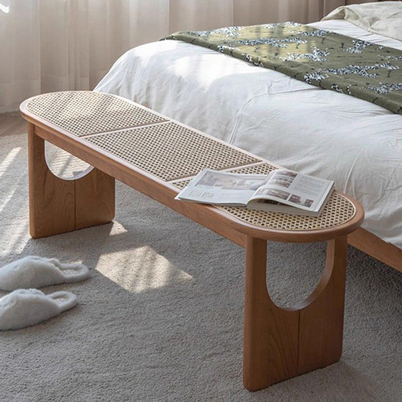 Sleek Contemporary Scandinavian Ellipse PE Rattan-Woven Rubberwood Backless and Armless Living Room Bench