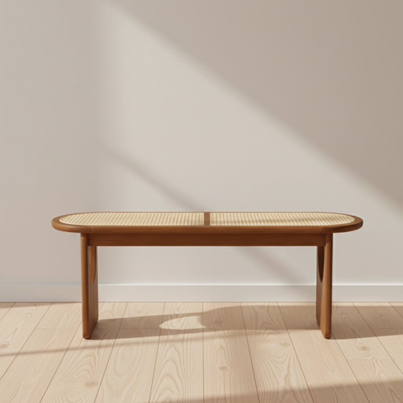Sleek Contemporary Scandinavian Ellipse PE Rattan-Woven Rubberwood Backless and Armless Living Room Bench