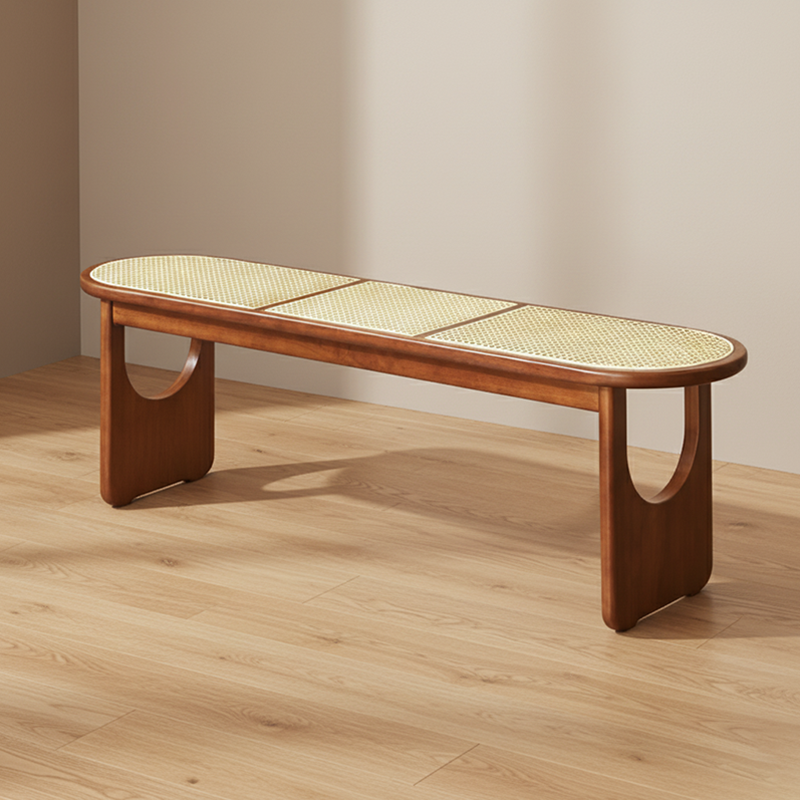 Sleek Contemporary Scandinavian Ellipse PE Rattan-Woven Rubberwood Backless and Armless Living Room Bench