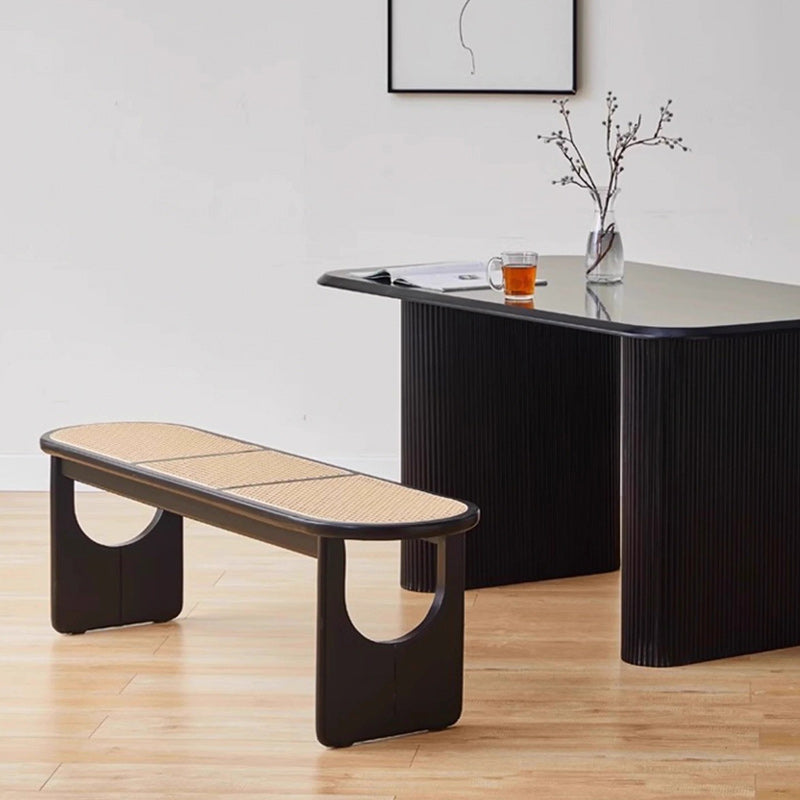 Sleek Contemporary Scandinavian Ellipse PE Rattan-Woven Rubberwood Backless and Armless Living Room Bench