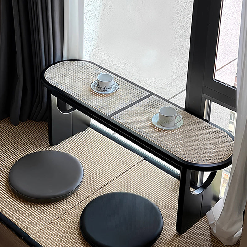 Sleek Contemporary Scandinavian Ellipse PE Rattan-Woven Rubberwood Backless and Armless Living Room Bench