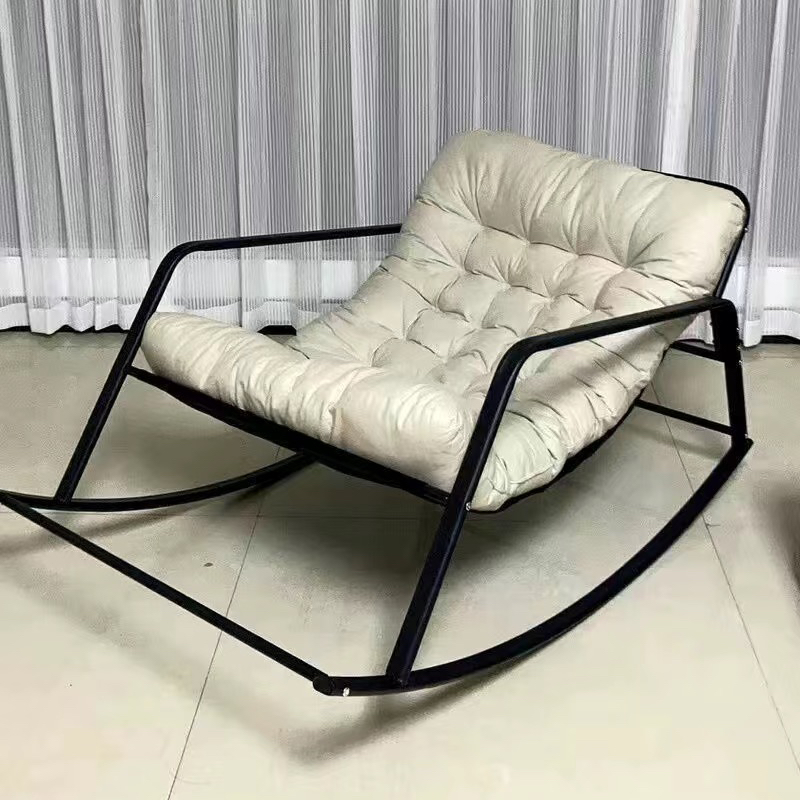Modern Minimalist Curved Tech-Fabric Rocking Chair with Carbon Steel Frame, Backrest and Armrests for Bedroom