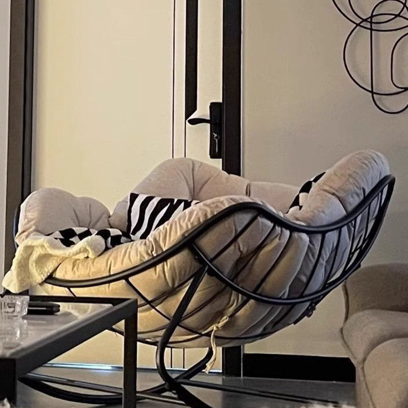 Sleek Modern Minimalist Linen & Carbon Steel Curved Rocking Chair with PE Bird-Nest Backrest and Armrests for Living Room