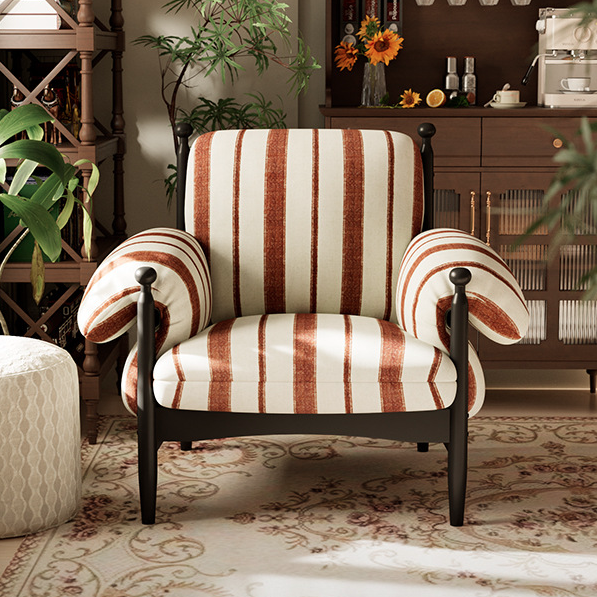 Contemporary Retro Rubberwood Accent Chair with a Square-Rectangular Frame, Cotton-Linen Fabric, and Ergonomic Backrest and Armrests for Living Room