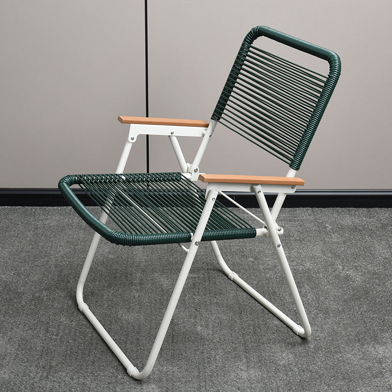 Modern Minimalist Foldable Camping Chair - Square-Rectangular PE Rattan, Beech Wood & Iron Pipe Frame, Woven Backrest & Armrests, Outdoor Use