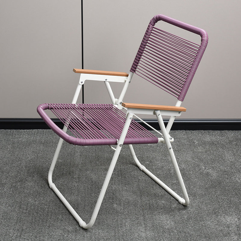 Modern Minimalist Foldable Camping Chair - Square-Rectangular PE Rattan, Beech Wood & Iron Pipe Frame, Woven Backrest & Armrests, Outdoor Use