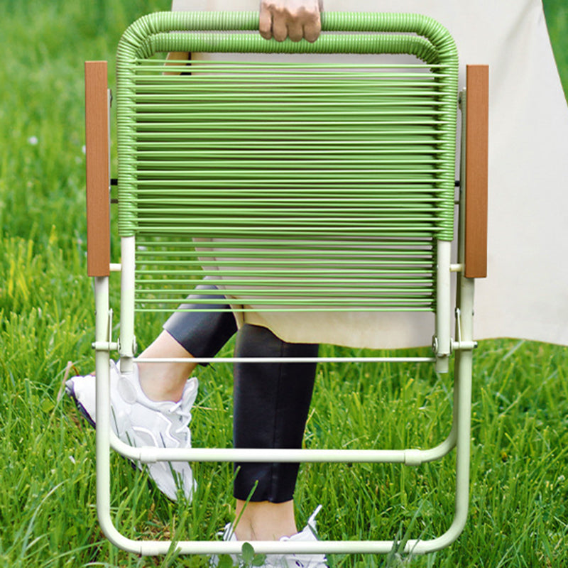 Modern Minimalist Foldable Camping Chair - Square-Rectangular PE Rattan, Beech Wood & Iron Pipe Frame, Woven Backrest & Armrests, Outdoor Use