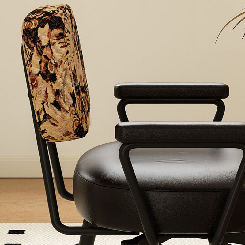 Nordic Contemporary 360° Swivel Desk Chair with Backrest & Armrests — Carbon Steel Frame, Oil-Waxed Leather, Sunflower Jacquard Upholstery for Home Office