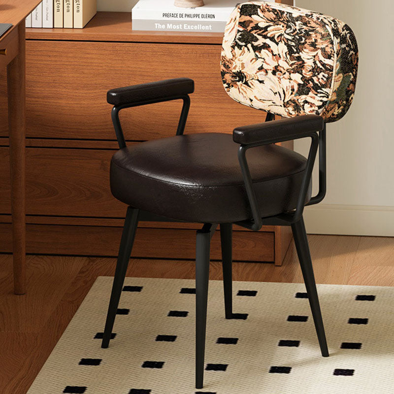 Nordic Contemporary 360° Swivel Desk Chair with Backrest & Armrests — Carbon Steel Frame, Oil-Waxed Leather, Sunflower Jacquard Upholstery for Home Office