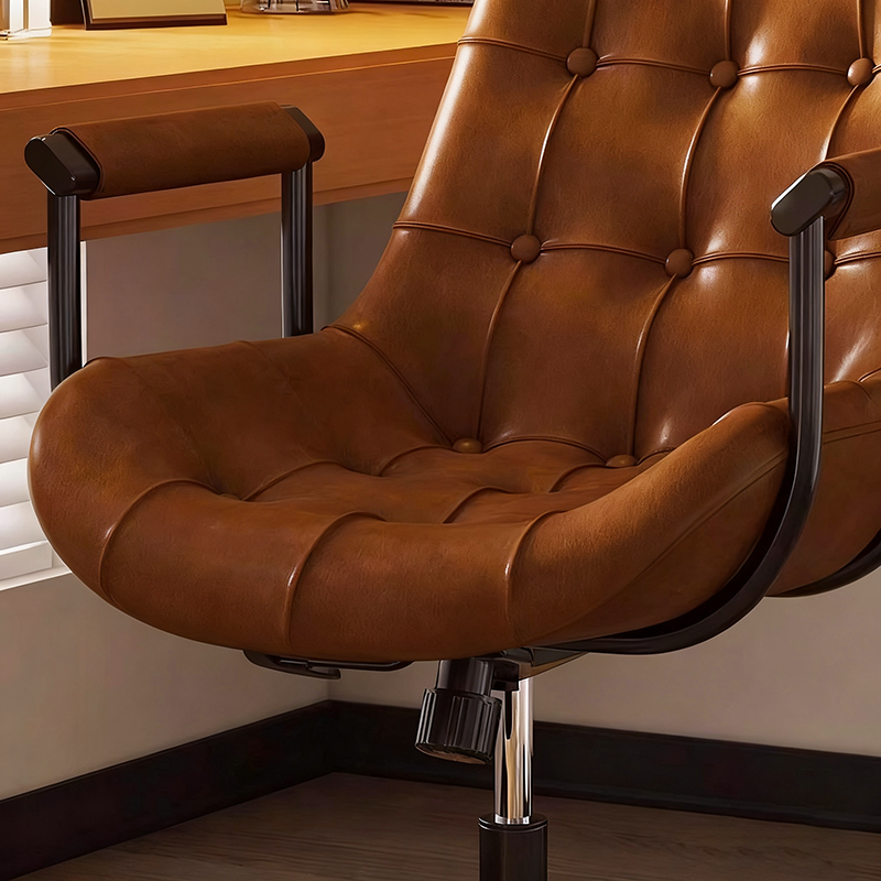 Contemporary Retro Leather Desk Chair – Scratch-Resistant Upholstery, Wooden Panel Accent, Nylon & Steel Base, 360° Swivel, Height-Adjustable with Backrest & Armrests for Home Office
