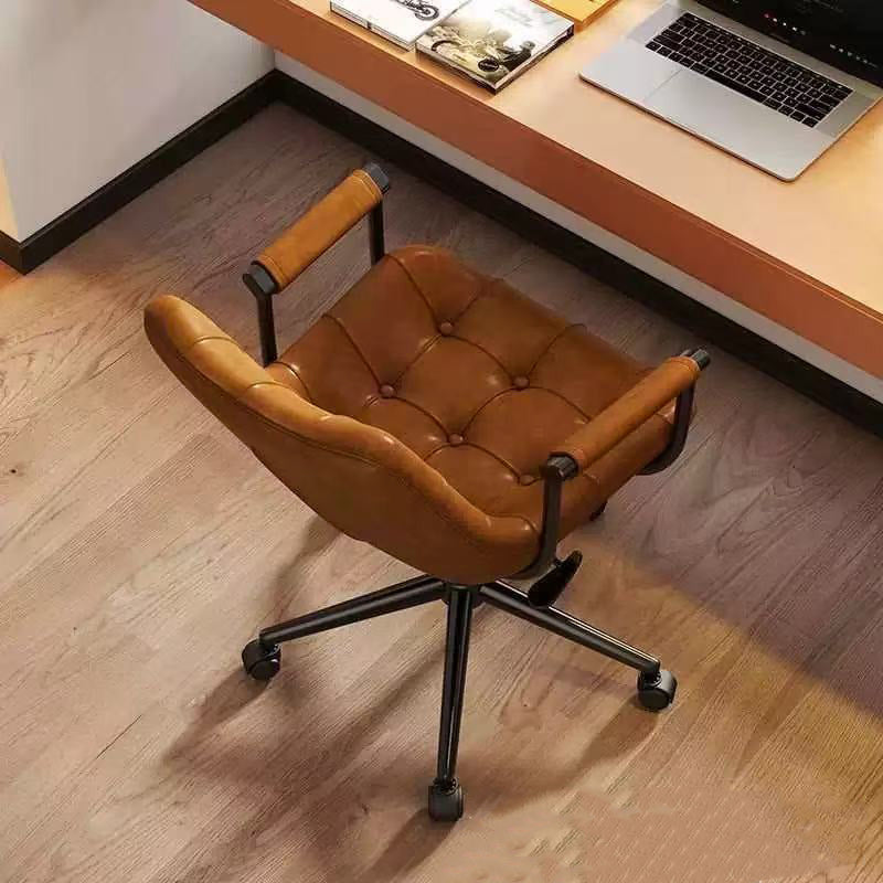 Contemporary Retro Leather Desk Chair – Scratch-Resistant Upholstery, Wooden Panel Accent, Nylon & Steel Base, 360° Swivel, Height-Adjustable with Backrest & Armrests for Home Office