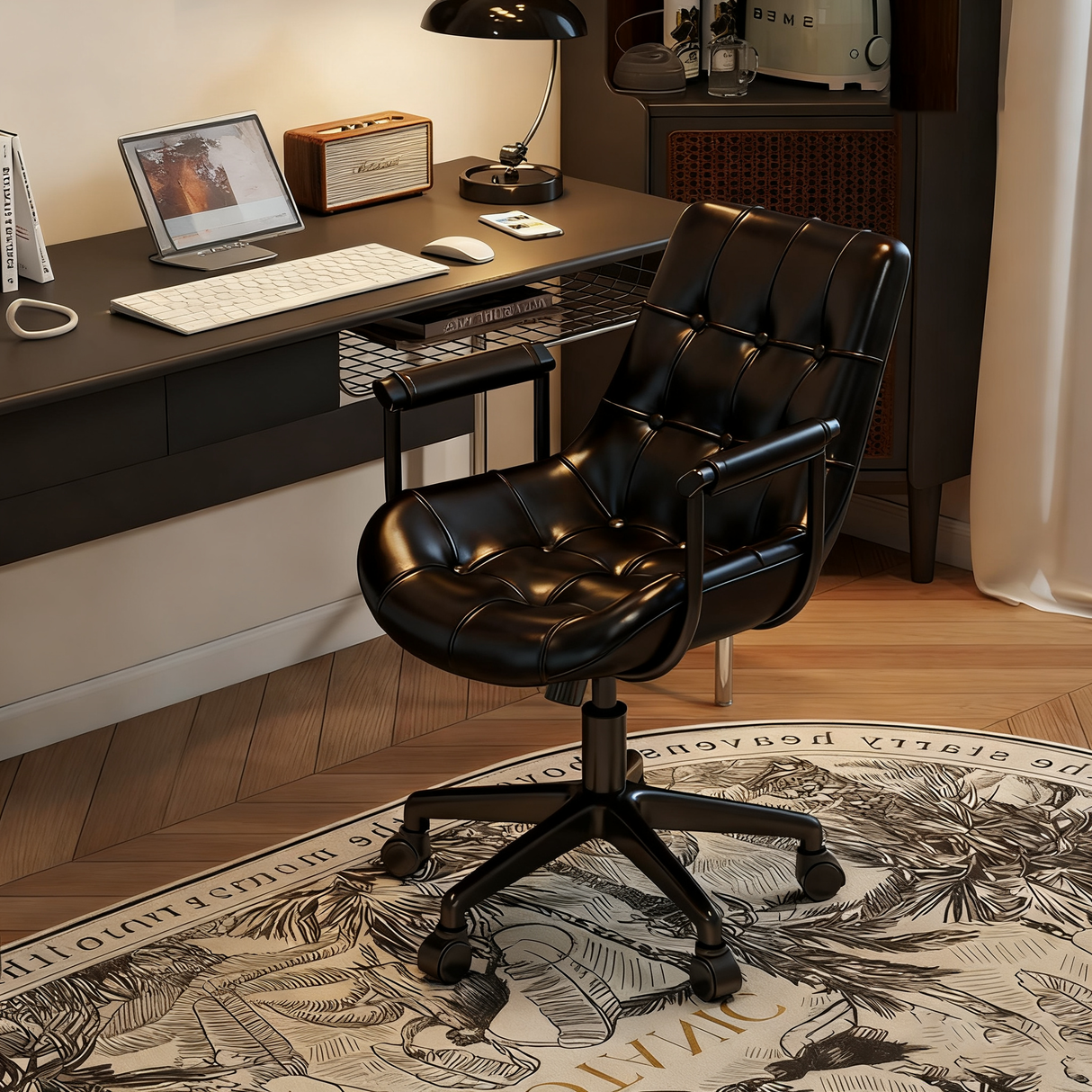 Contemporary Retro Leather Desk Chair – Scratch-Resistant Upholstery, Wooden Panel Accent, Nylon & Steel Base, 360° Swivel, Height-Adjustable with Backrest & Armrests for Home Office