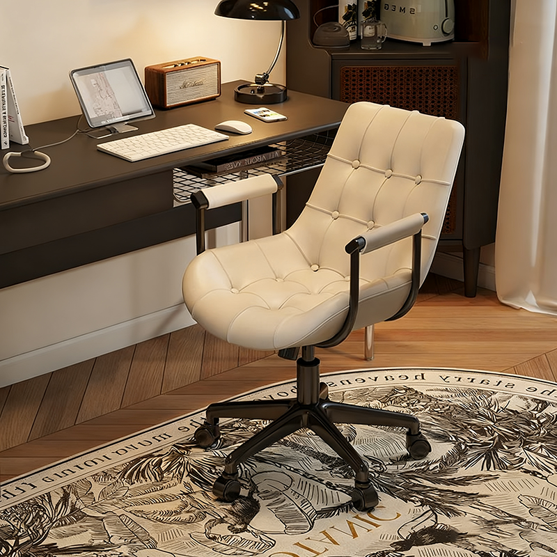 Contemporary Retro Leather Desk Chair – Scratch-Resistant Upholstery, Wooden Panel Accent, Nylon & Steel Base, 360° Swivel, Height-Adjustable with Backrest & Armrests for Home Office