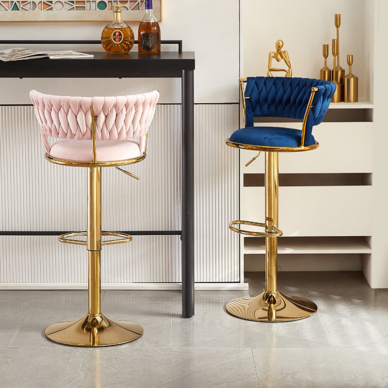 Contemporary Nordic Round Velvet Bar Stool — Iron Frame, Swivel, Height-Adjustable, Backrest, Armless Design for Dining Room & Kitchen