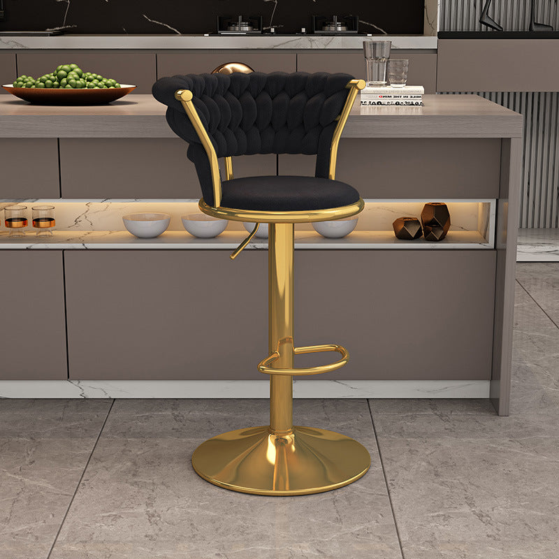 Contemporary Nordic Round Velvet Bar Stool — Iron Frame, Swivel, Height-Adjustable, Backrest, Armless Design for Dining Room & Kitchen