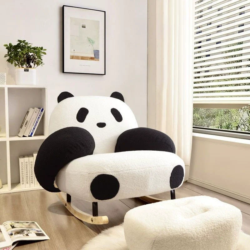 Contemporary Panda-Design Rocking Chair with Lamb Fleece Upholstery, Carbon Steel Frame & Rubberwood Armrests – Modern Living Room Accent