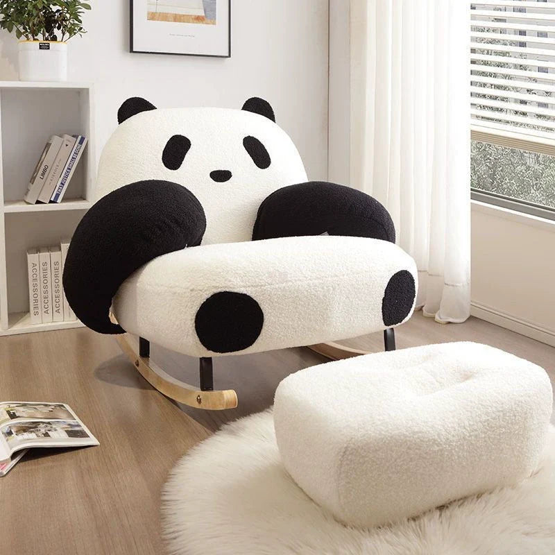 Contemporary Panda-Design Rocking Chair with Lamb Fleece Upholstery, Carbon Steel Frame & Rubberwood Armrests – Modern Living Room Accent