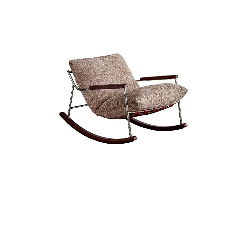 Modern Minimalist Rocking Chair with Removable Backrest and Armrests — Square Rectangular Frame in Chenille, Ash Wood, Stainless Steel, and Saddle Leather for Living Room