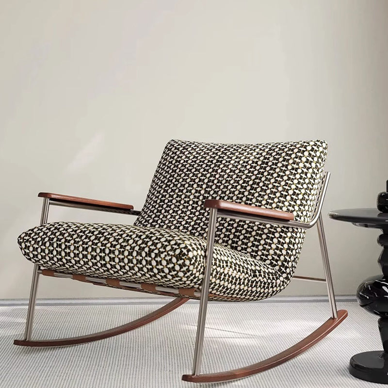 Modern Minimalist Rocking Chair with Removable Backrest and Armrests — Square Rectangular Frame in Chenille, Ash Wood, Stainless Steel, and Saddle Leather for Living Room