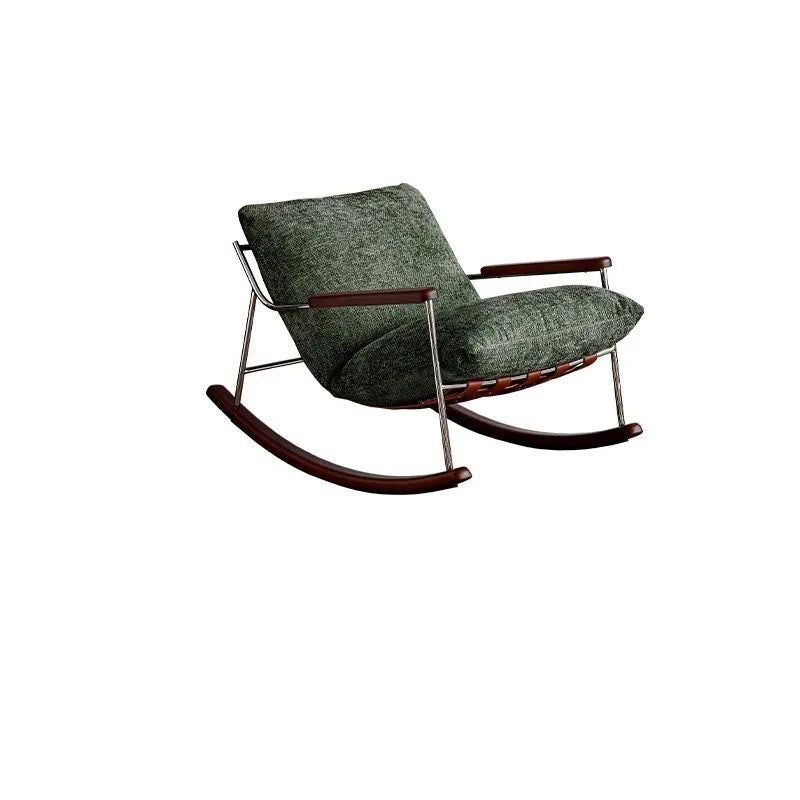 Modern Minimalist Rocking Chair with Removable Backrest and Armrests — Square Rectangular Frame in Chenille, Ash Wood, Stainless Steel, and Saddle Leather for Living Room