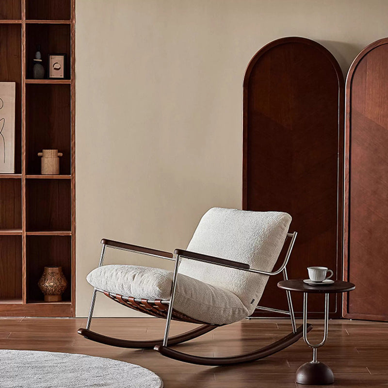 Modern Minimalist Rocking Chair with Removable Backrest and Armrests — Square Rectangular Frame in Chenille, Ash Wood, Stainless Steel, and Saddle Leather for Living Room