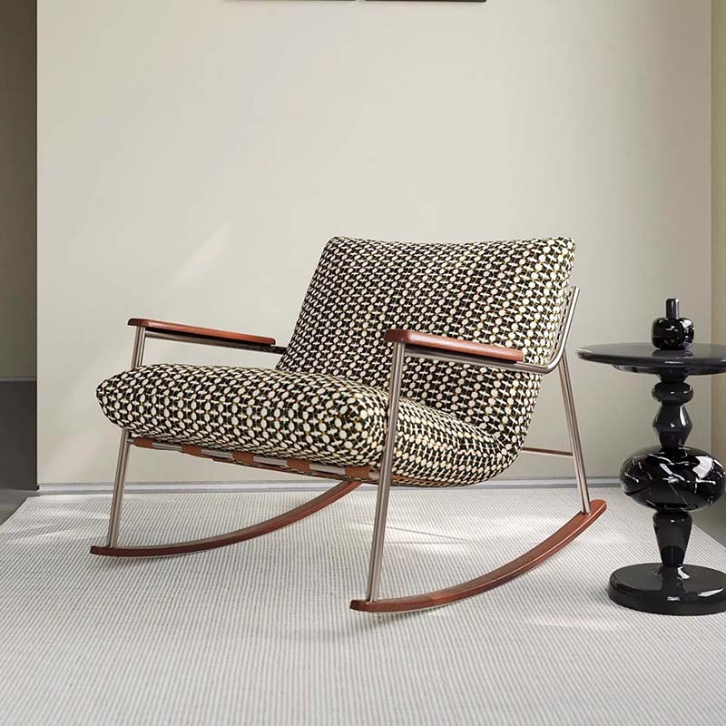Nordic Contemporary Rocking Chair with Removable Backrest and Armrests – Square-Rectangular Woven Fabric Seat, Ash Wood & Stainless Steel Frame, Living Room Accent