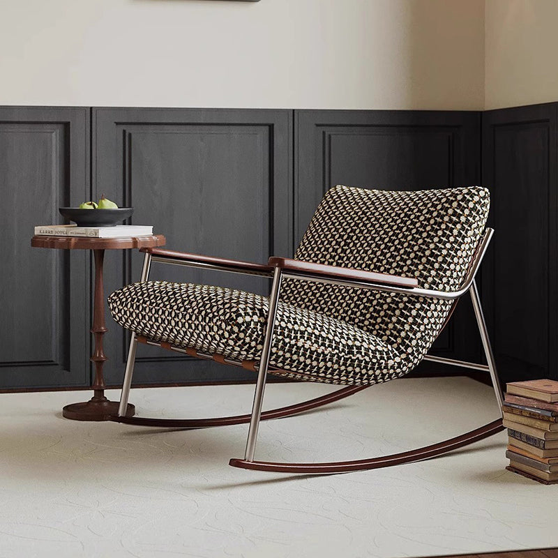 Nordic Contemporary Rocking Chair with Removable Backrest and Armrests – Square-Rectangular Woven Fabric Seat, Ash Wood & Stainless Steel Frame, Living Room Accent