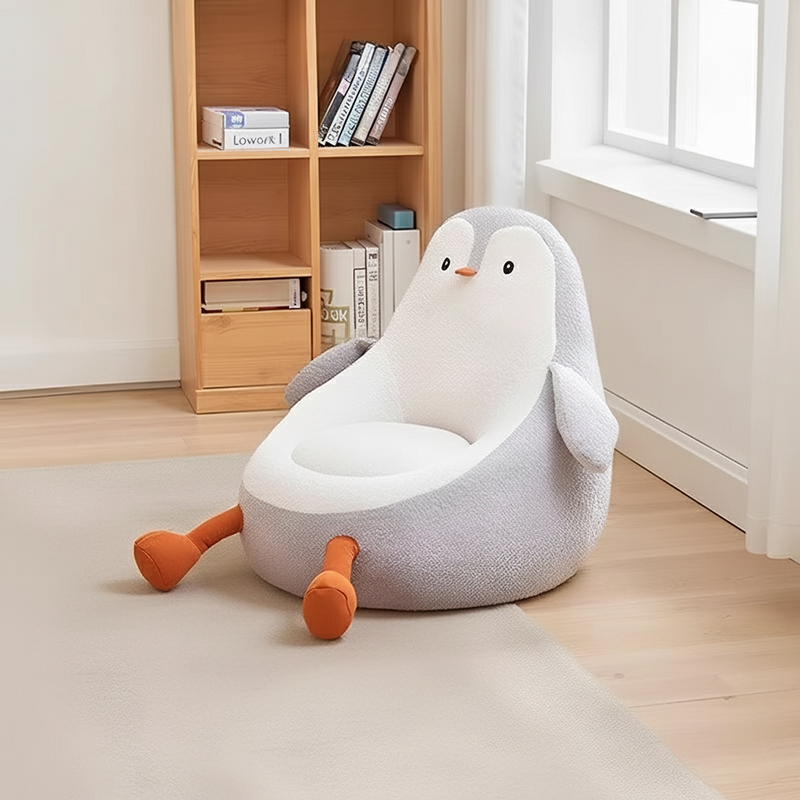 Contemporary Kids' Accent Chair — Avocado- and Penguin-Shaped, Lambswool Upholstery, Armless Backrest for Living Room