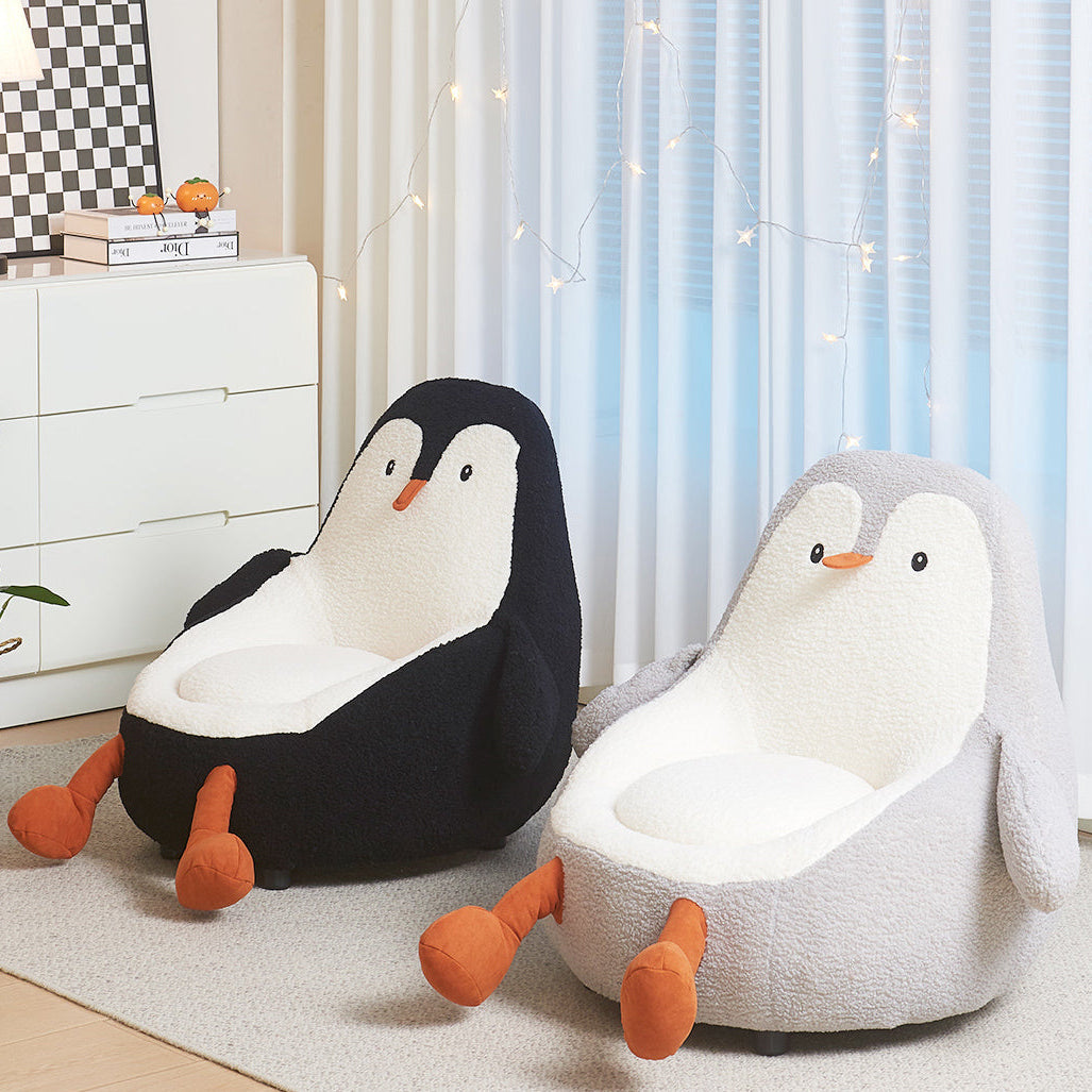 Contemporary Kids' Accent Chair — Avocado- and Penguin-Shaped, Lambswool Upholstery, Armless Backrest for Living Room