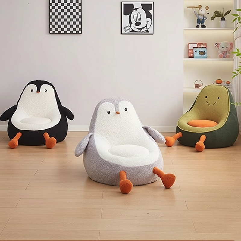 Contemporary Kids' Accent Chair — Avocado- and Penguin-Shaped, Lambswool Upholstery, Armless Backrest for Living Room