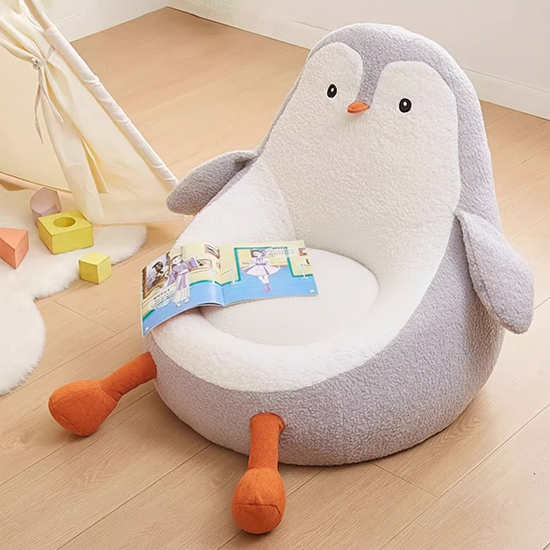 Contemporary Kids' Accent Chair — Avocado- and Penguin-Shaped, Lambswool Upholstery, Armless Backrest for Living Room
