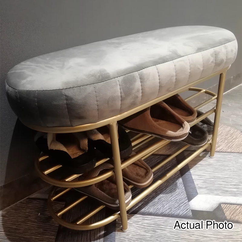 Contemporary Scandinavian Oval Velvet Upholstered Shoe Bench with Iron Frame — Armless for Entryways