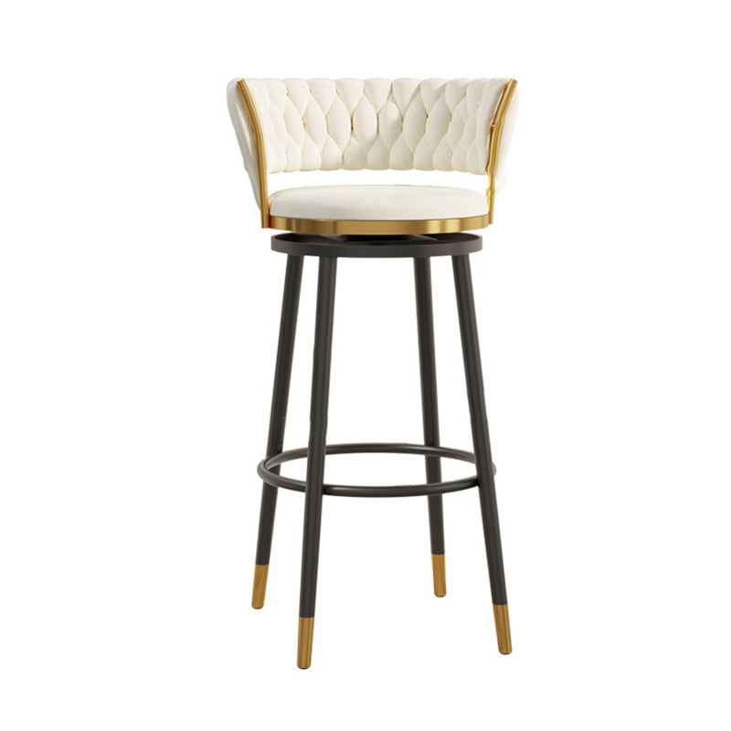 Contemporary Scandinavian Velvet Bar Stool with Iron Frame, Cushioned Round Seat, Backrest, Footrest, and Swivel — Perfect for Kitchen