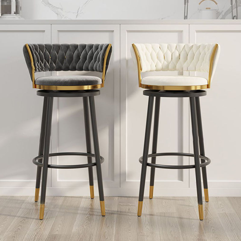 Contemporary Scandinavian Velvet Bar Stool with Iron Frame, Cushioned Round Seat, Backrest, Footrest, and Swivel — Perfect for Kitchen