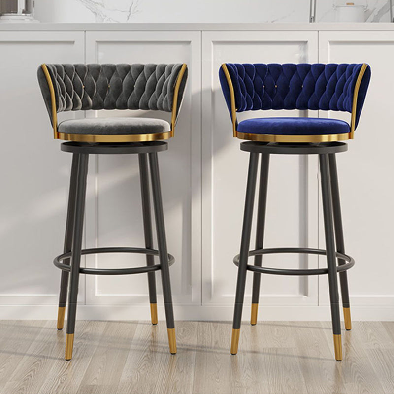Contemporary Scandinavian Velvet Bar Stool with Iron Frame, Cushioned Round Seat, Backrest, Footrest, and Swivel — Perfect for Kitchen